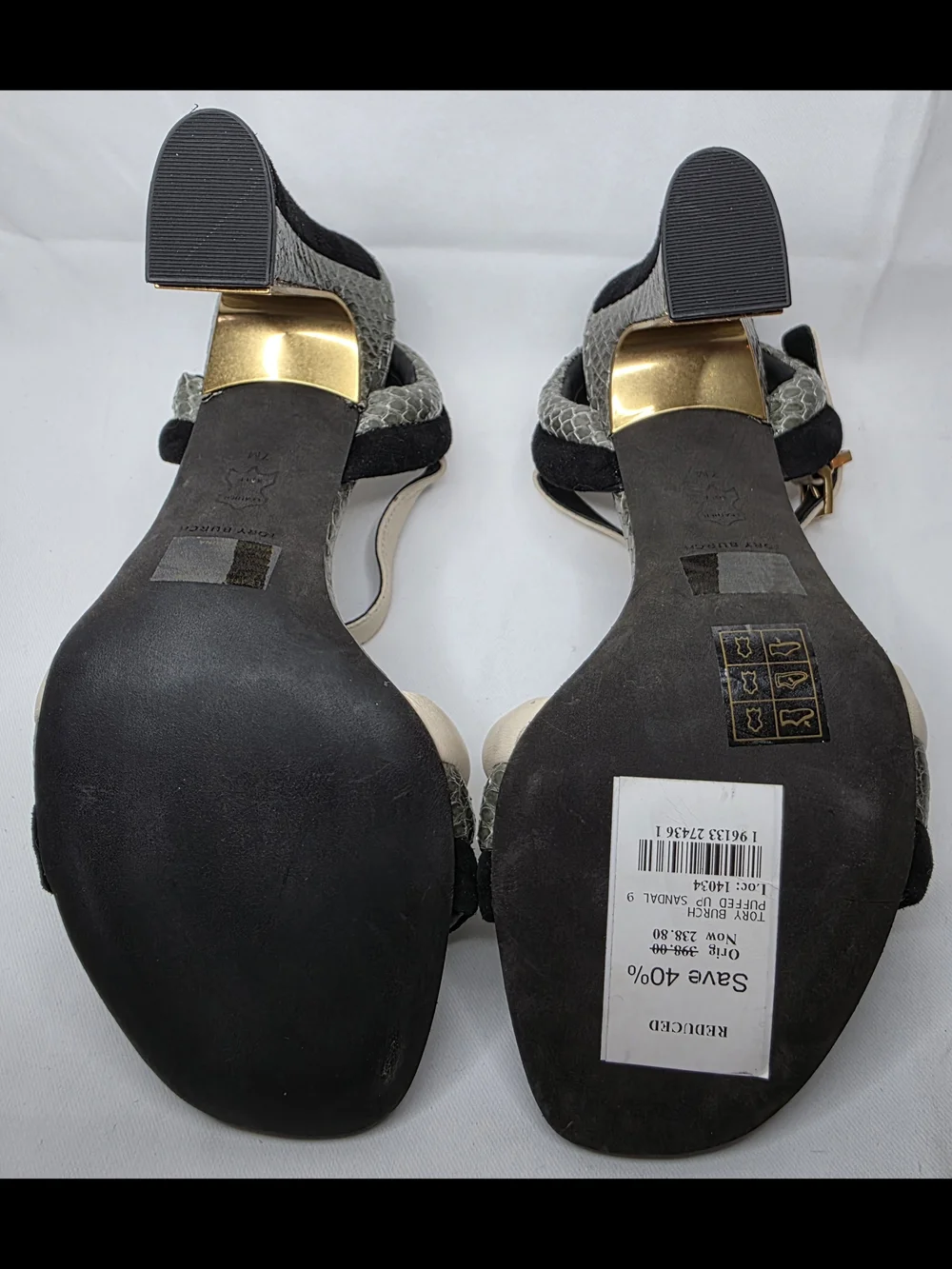 Tory Burch Black and Beige Ankle-Strap Heels with Gold Block Heel
